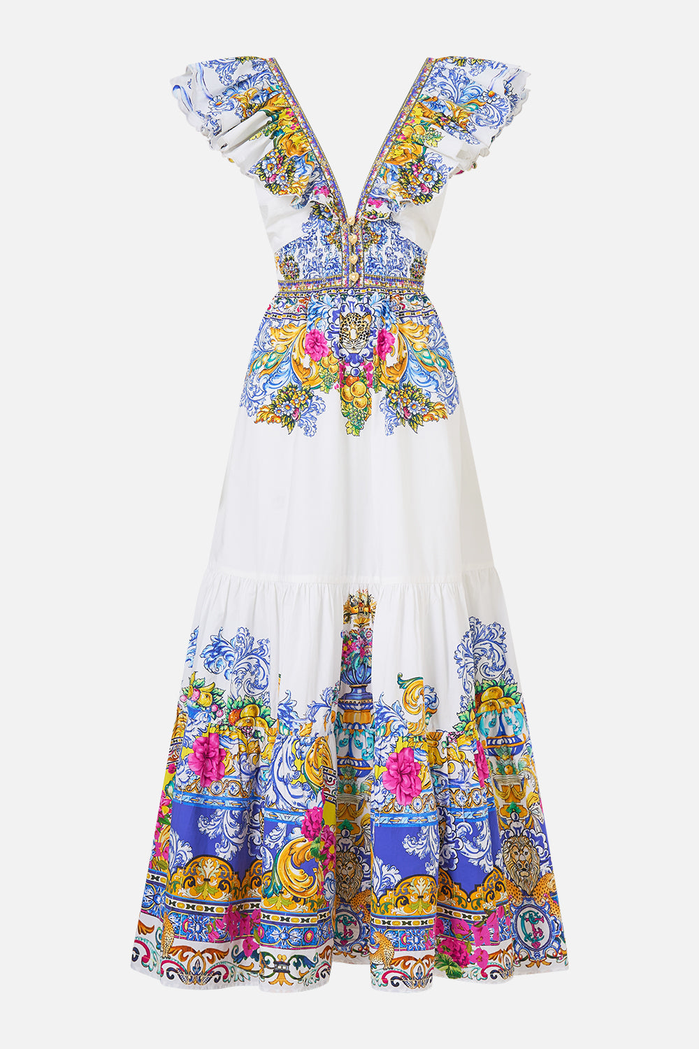The CAMILLA TIERED DRESS WITH NECK FRILL LADY LIMONADA in our  print.