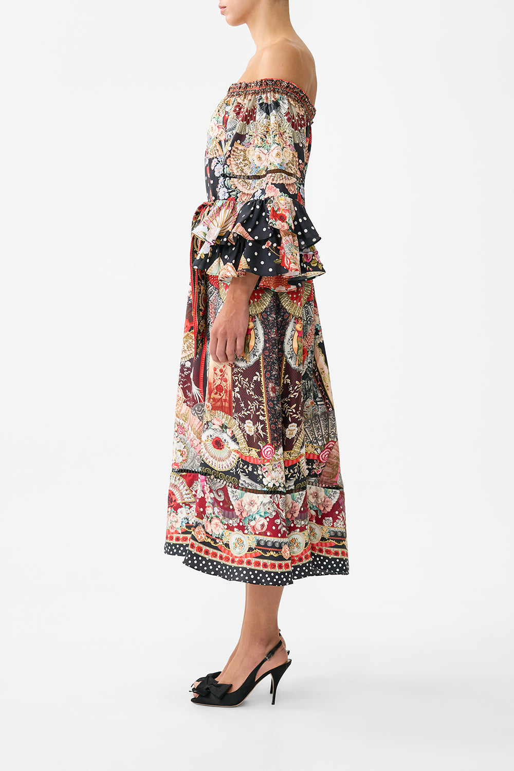 OFF SHOULDER MIDI DRESS WITH FRILL SLEEVE DAUGHTERS OF DUENDE