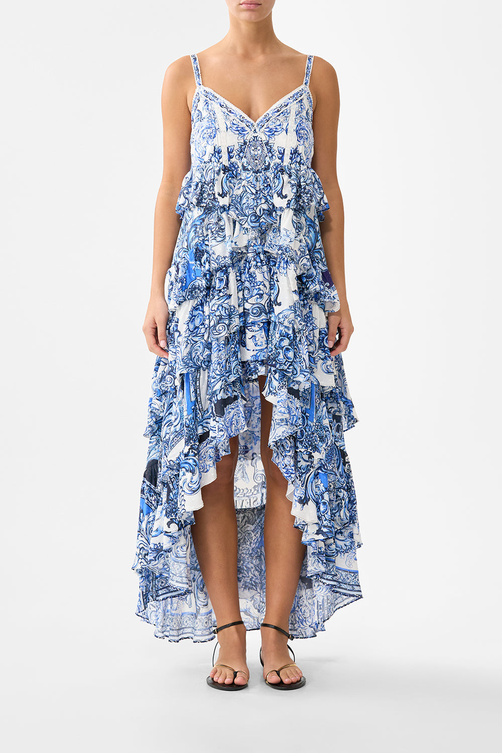 V NECK RUFFLE HIGH LOW DRESS A TILED WONDERLAND