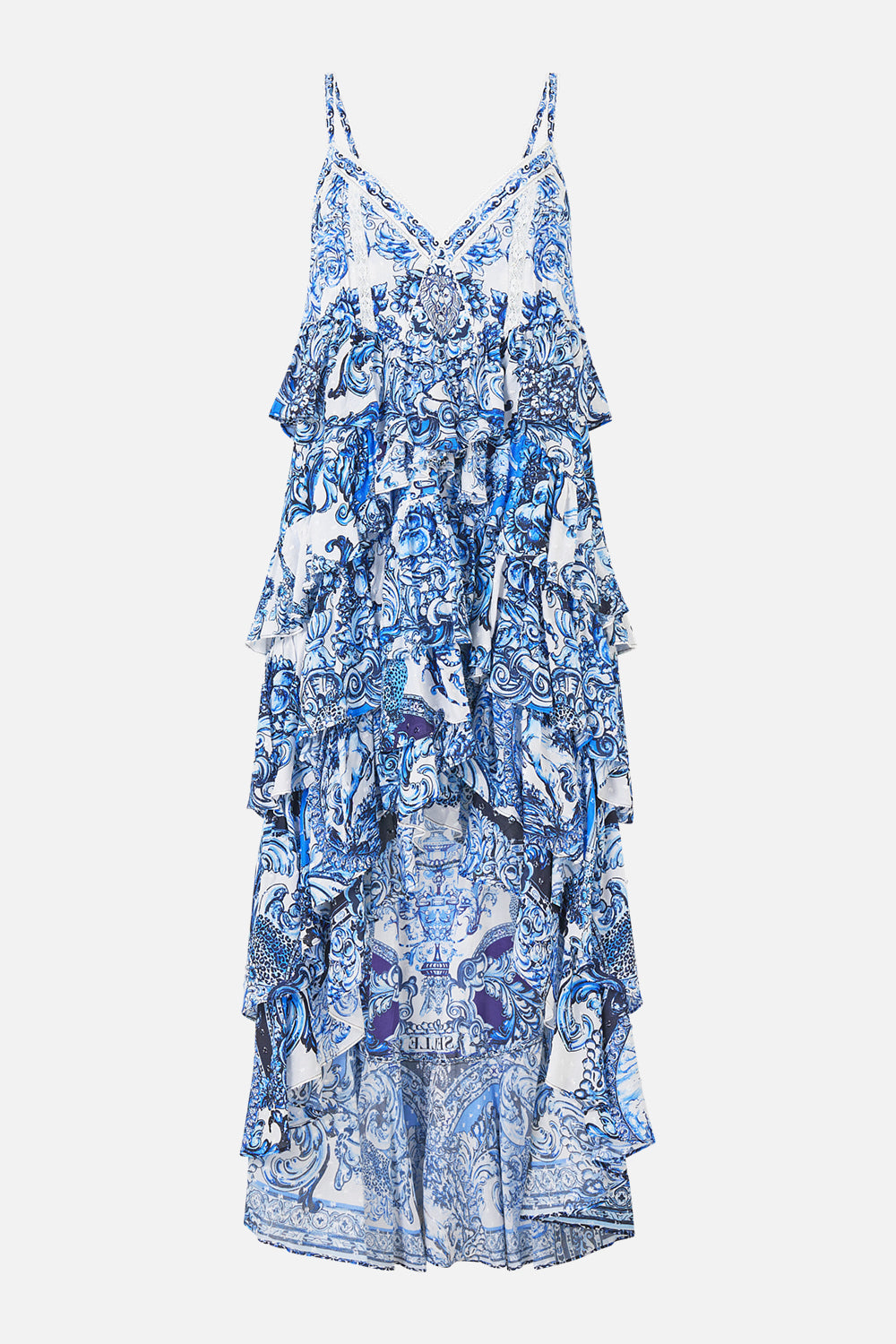 V NECK RUFFLE HIGH LOW DRESS A TILED WONDERLAND