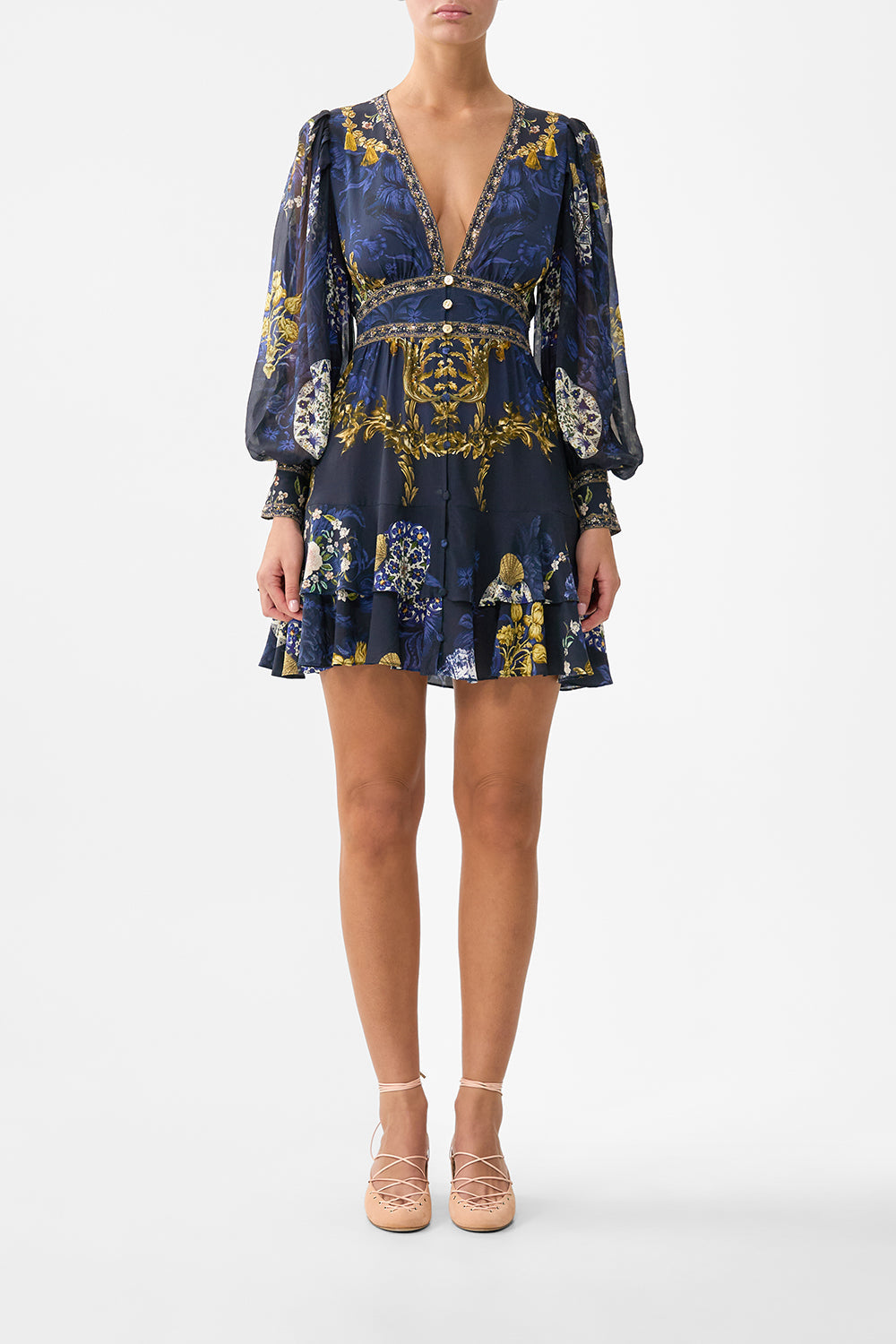 The CAMILLA RUFFLE NECK HALTER DRESS BALEARIC BEBÉ in our  print.