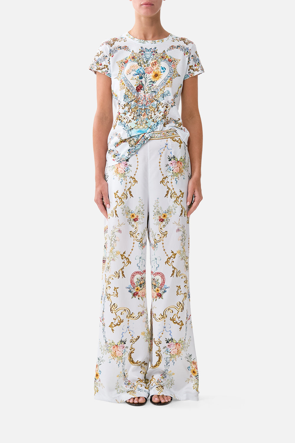 The CAMILLA minimal wide leg pant in our print Seville Sweetheart. Front model view.