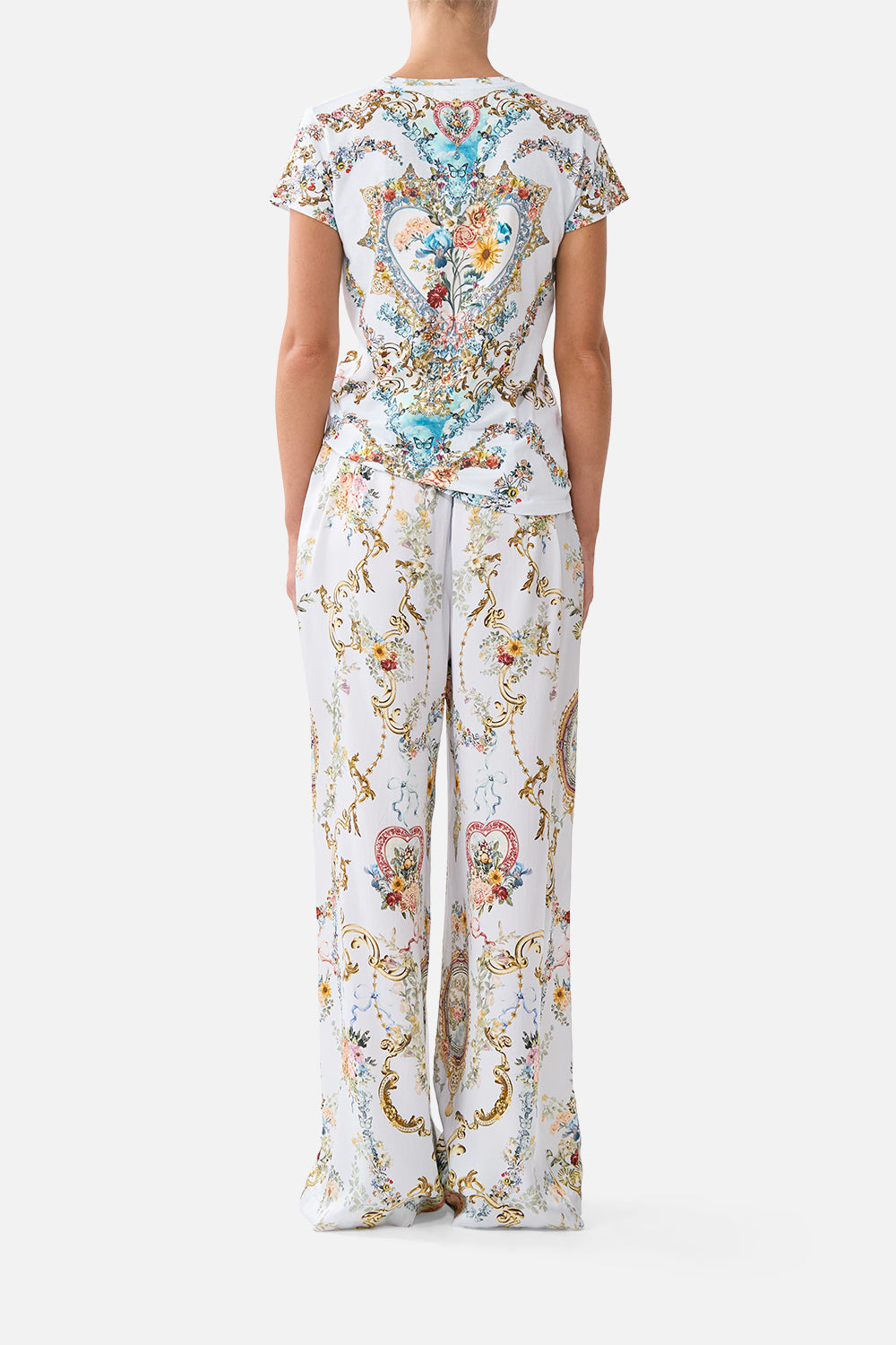 The CAMILLA minimal wide leg pant in our print Seville Sweetheart. Back model view.