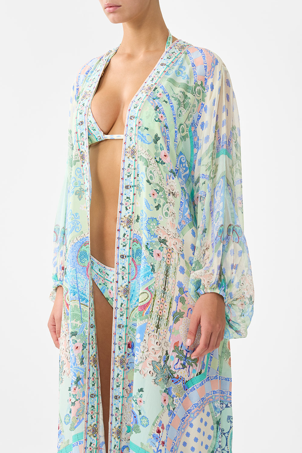 The CAMILLA DRAPE FRONT V NECK KAFTAN THE HUM OF THE ALHAMBRA in our THE HUM OF THE ALHAMBRA print.