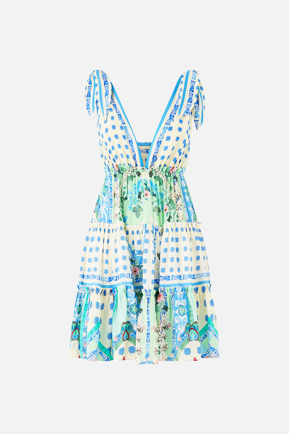 TIERED SHORT DRESS WITH SHOULDER TIES MIDSUMMER MOSAICS