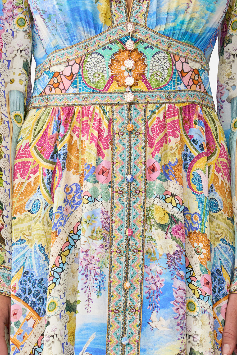 The CAMILLA LONG SLEEVE HIDDEN PLACKET SHIRT A TILED WONDERLAND in our A TILED WONDERLAND print.