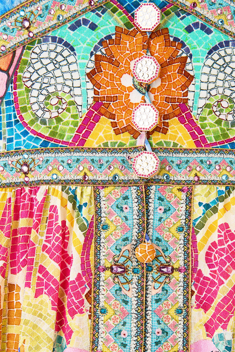 The CAMILLA LONG SLEEVE HIDDEN PLACKET SHIRT A TILED WONDERLAND in our  print.