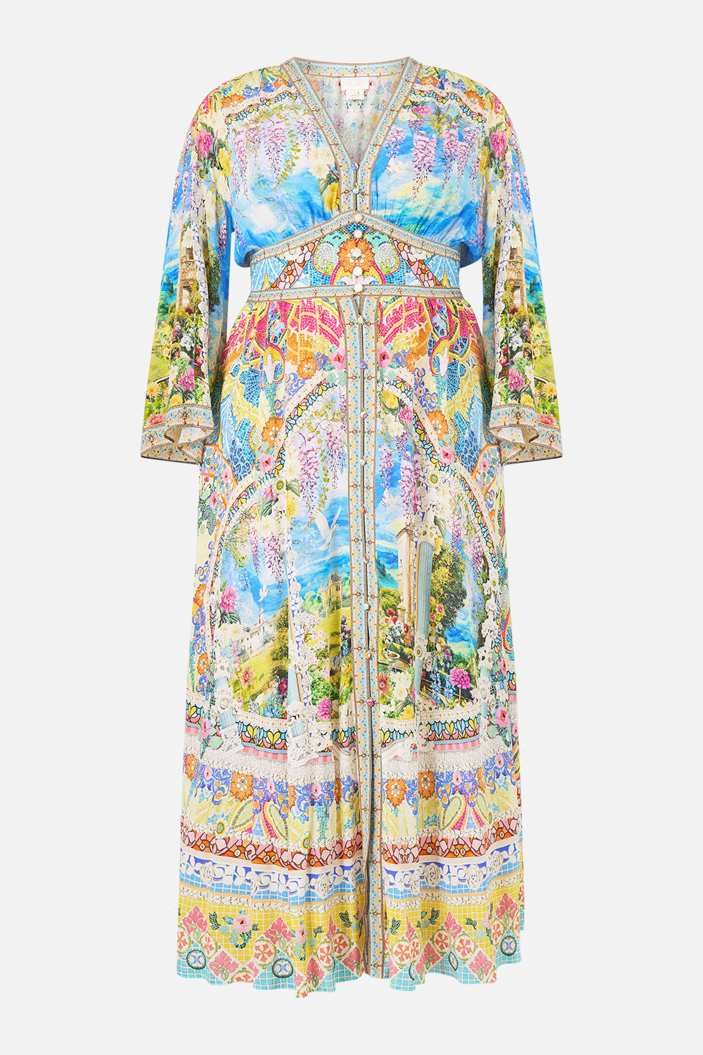 The CAMILLA LONG SLEEVE HIDDEN PLACKET SHIRT A TILED WONDERLAND in our  print.