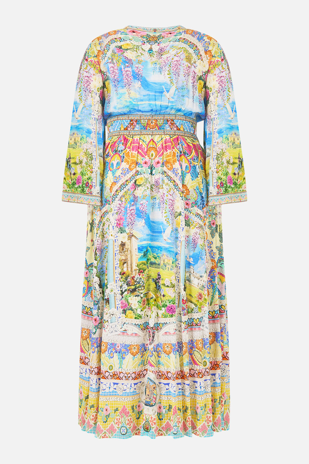 The CAMILLA LONG SLEEVE HIDDEN PLACKET SHIRT A TILED WONDERLAND in our  print.
