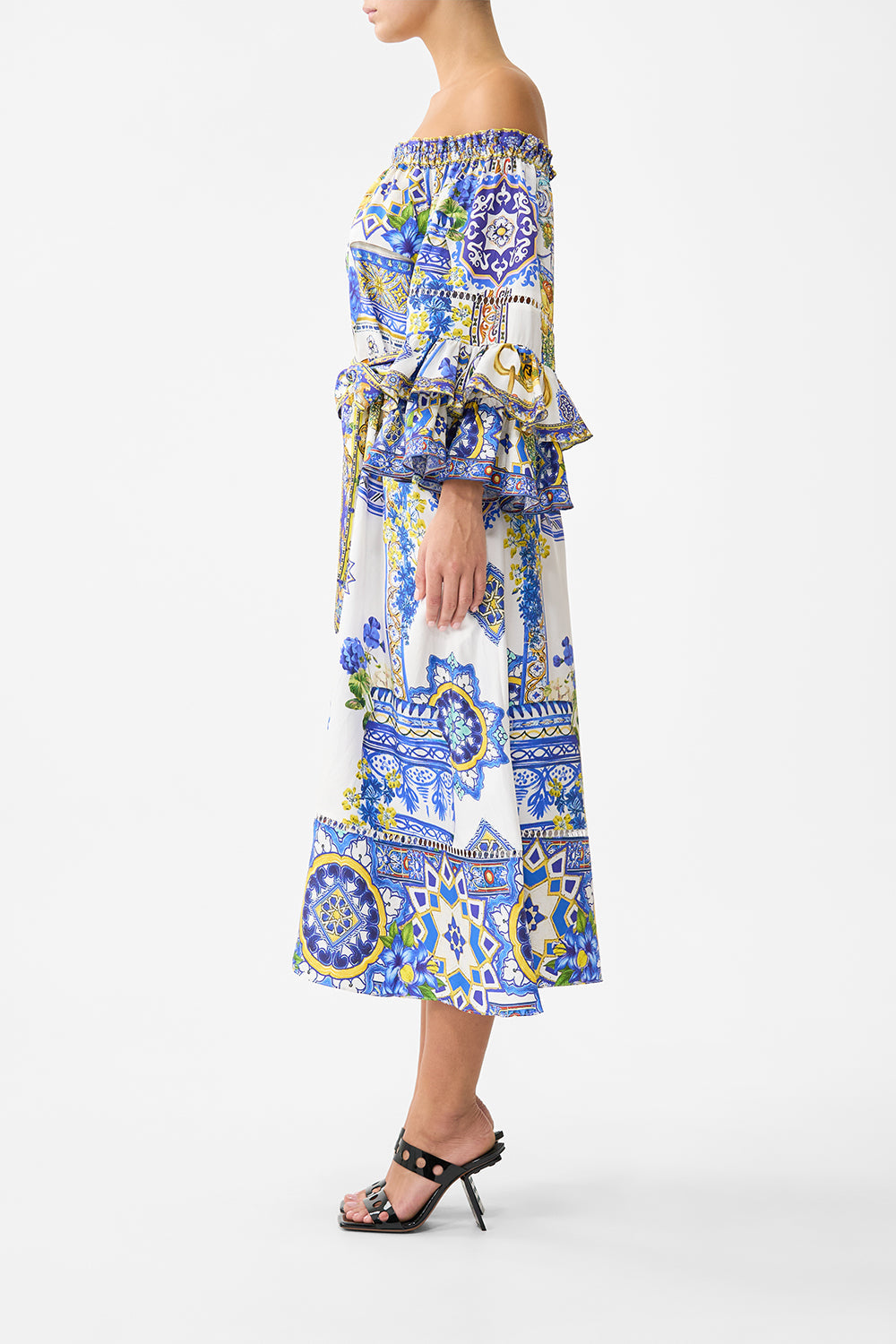 OFF SHOULDER MIDI DRESS WITH FRILL SLEEVE ESPAÑA NIRVANA