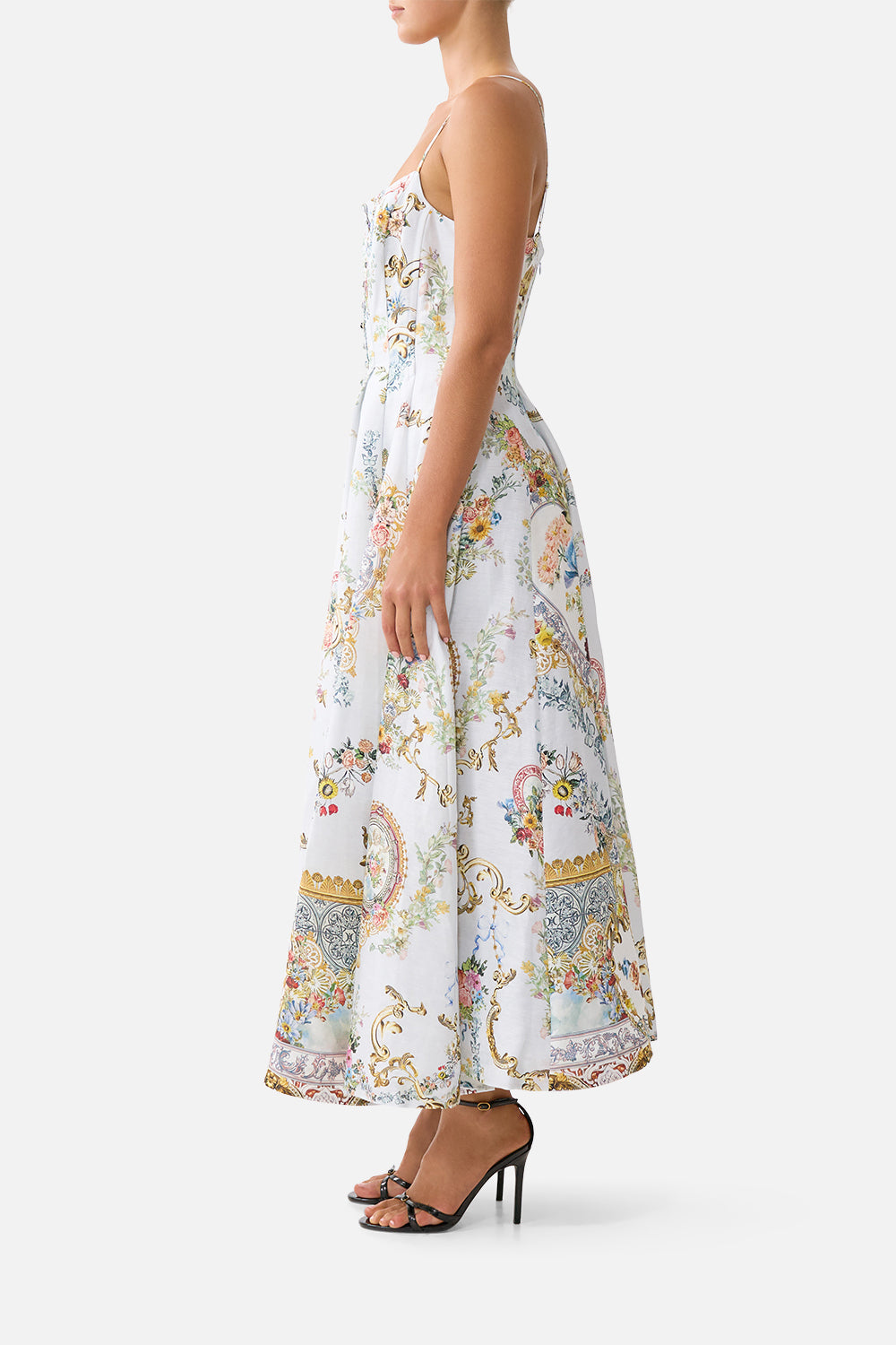 The CAMILLA TIE FRONT SHIRT WITH SLEEVE FRILL MAGIC OF THE MERCADO in our  print.
