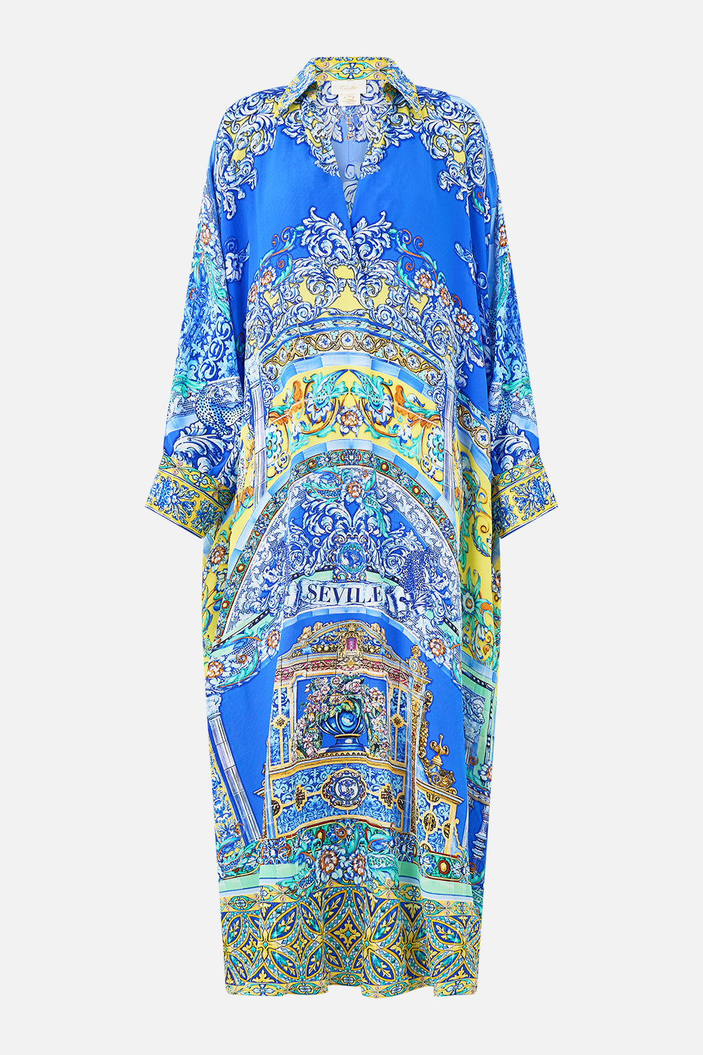 The CAMILLA SHORT SLEEVE CAMP COLLARED SHIRT MAGIC OF THE MERCADO in our  print.