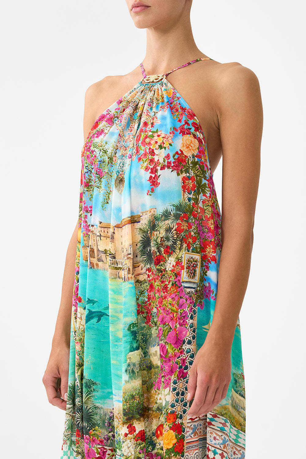 The CAMILLA LONG V NECK KAFTAN WITH RING FRONT TRIM MEET ME IN MALLORCA in our  print.