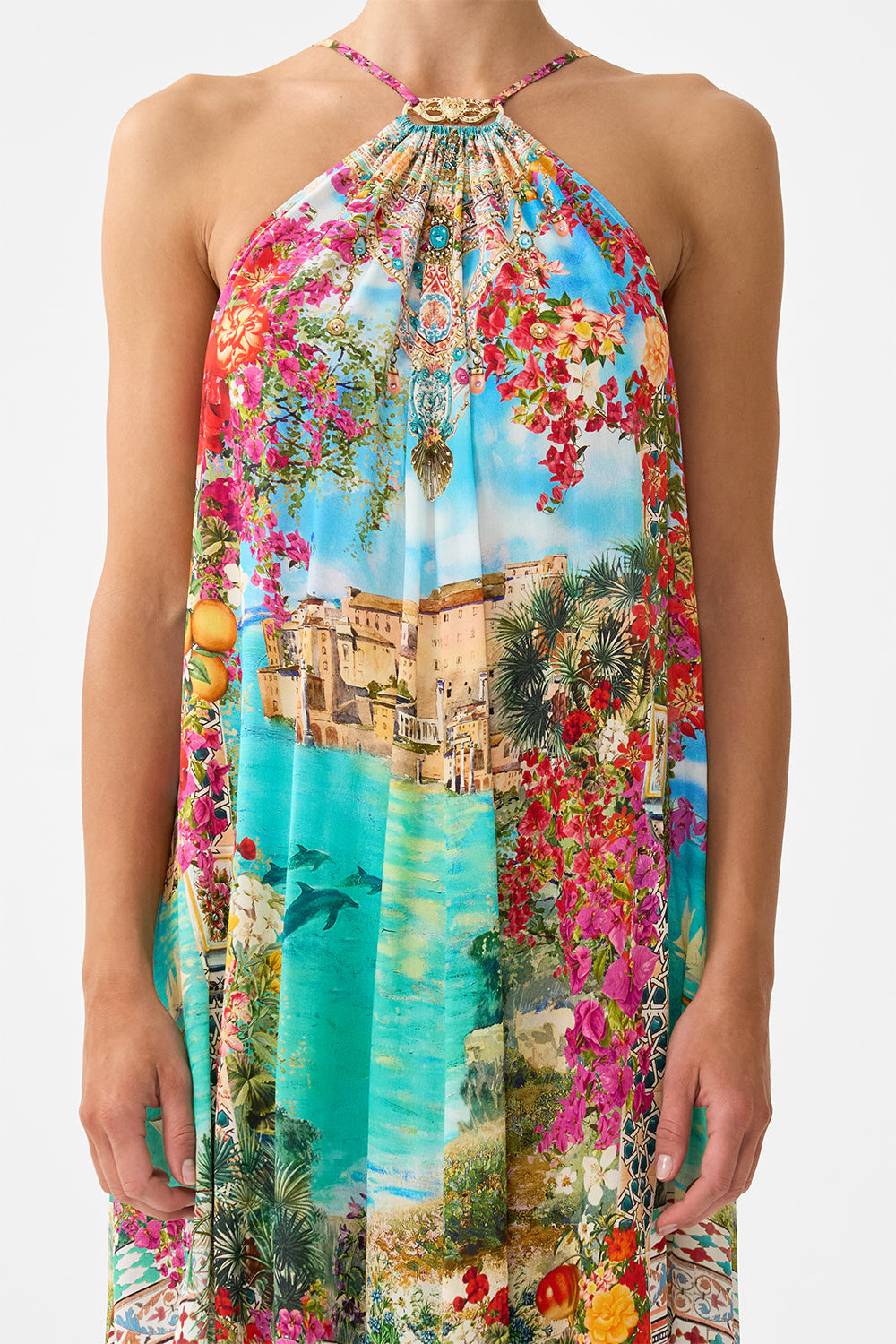 The CAMILLA LONG V NECK KAFTAN WITH RING FRONT TRIM MEET ME IN MALLORCA in our  print.