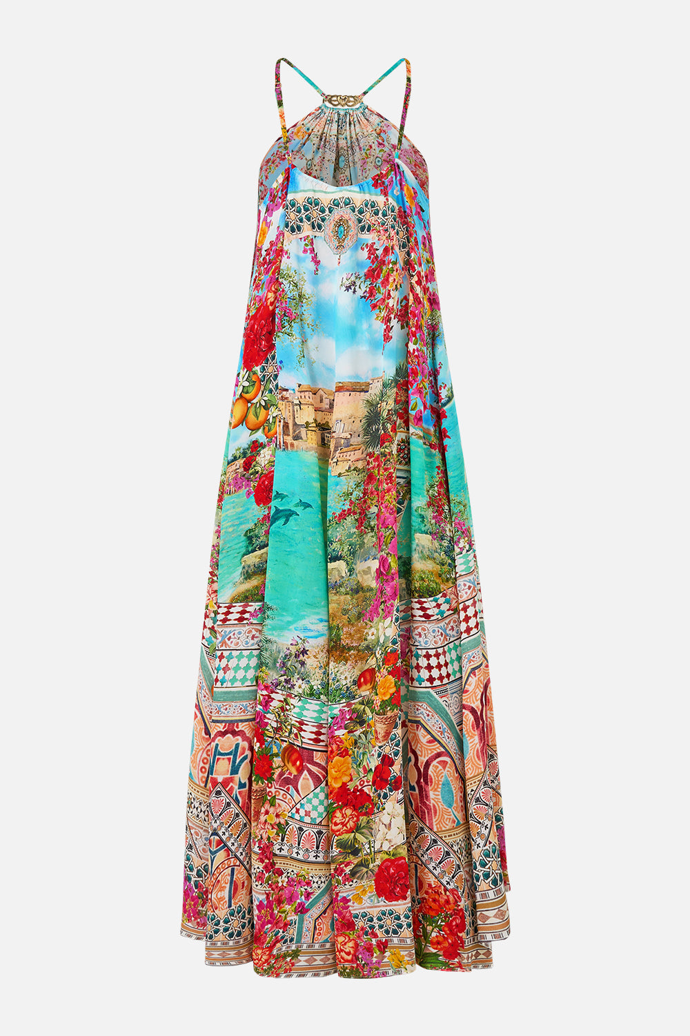 The CAMILLA LONG V NECK KAFTAN WITH RING FRONT TRIM MEET ME IN MALLORCA in our  print.