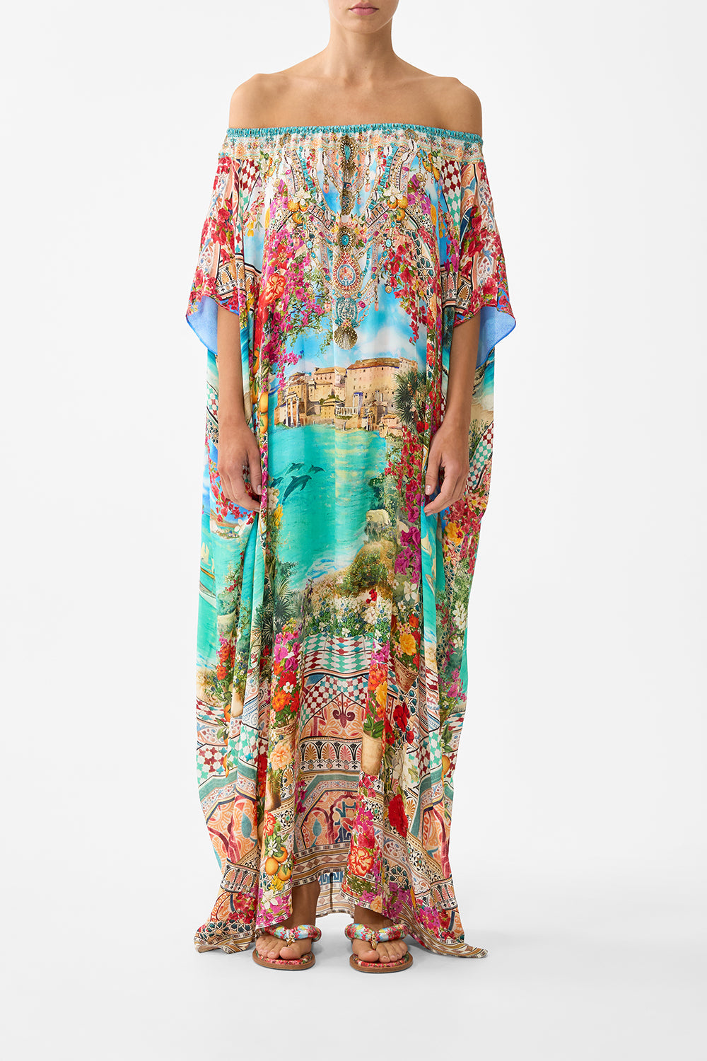 The CAMILLA FRONT PLEAT STRAPLESS JUMPSUIT CERAMIC PANORAMIC in our  print.
