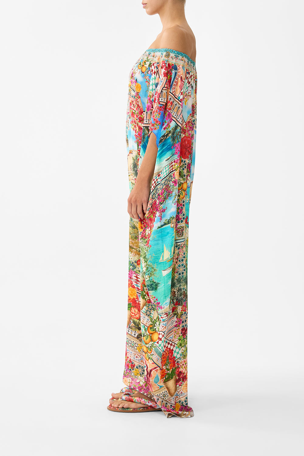The CAMILLA FRONT PLEAT STRAPLESS JUMPSUIT CERAMIC PANORAMIC in our  print.