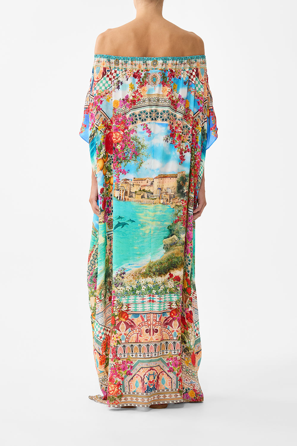 The CAMILLA FRONT PLEAT STRAPLESS JUMPSUIT CERAMIC PANORAMIC in our  print.
