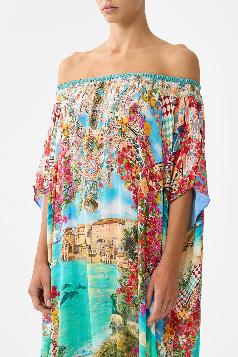 The CAMILLA STRAIGHT NECK ONE PIECE WITH ROSETTE DETAIL OLÉ OLÉ in our OLÉ OLÉ print.