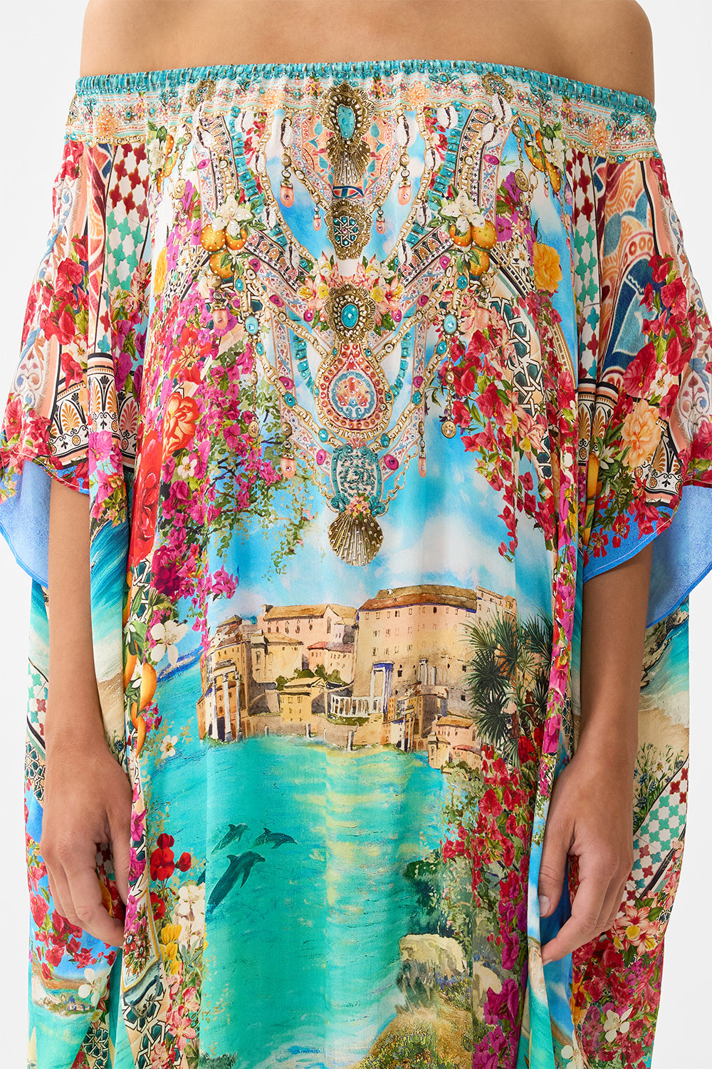 The CAMILLA STRAIGHT NECK ONE PIECE WITH ROSETTE DETAIL OLÉ OLÉ in our  print.