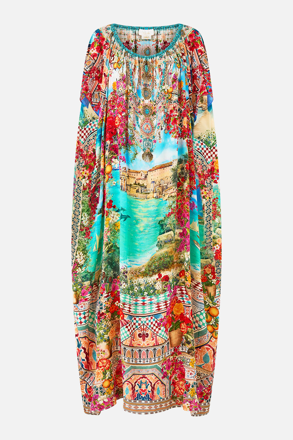 The CAMILLA FRONT PLEAT STRAPLESS JUMPSUIT CERAMIC PANORAMIC in our  print.