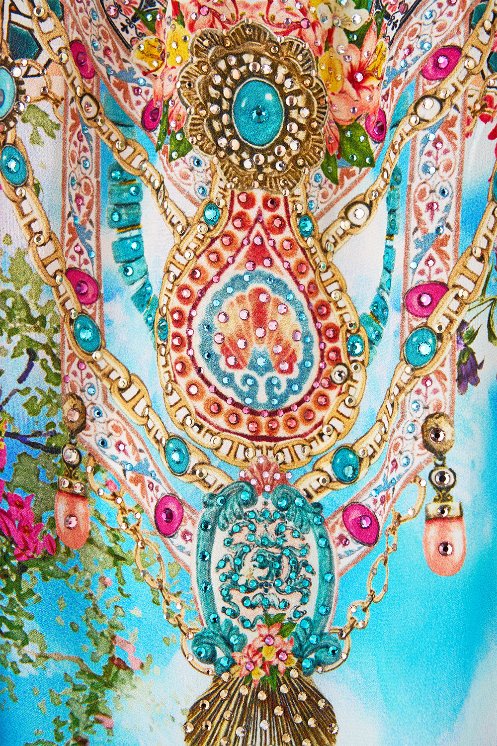 The CAMILLA STRAIGHT NECK ONE PIECE WITH ROSETTE DETAIL OLÉ OLÉ in our  print.