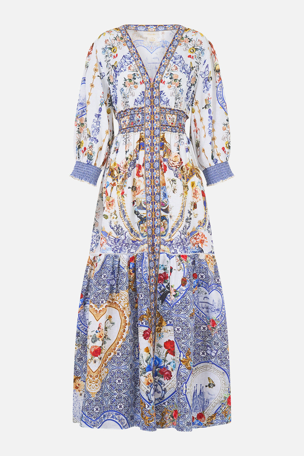 The CAMILLA FLUTTER SLEEVE MIDI DRESS WITH FRILL DETAIL MAGIC OF THE MERCADO in our MAGIC OF THE MERCADO print.