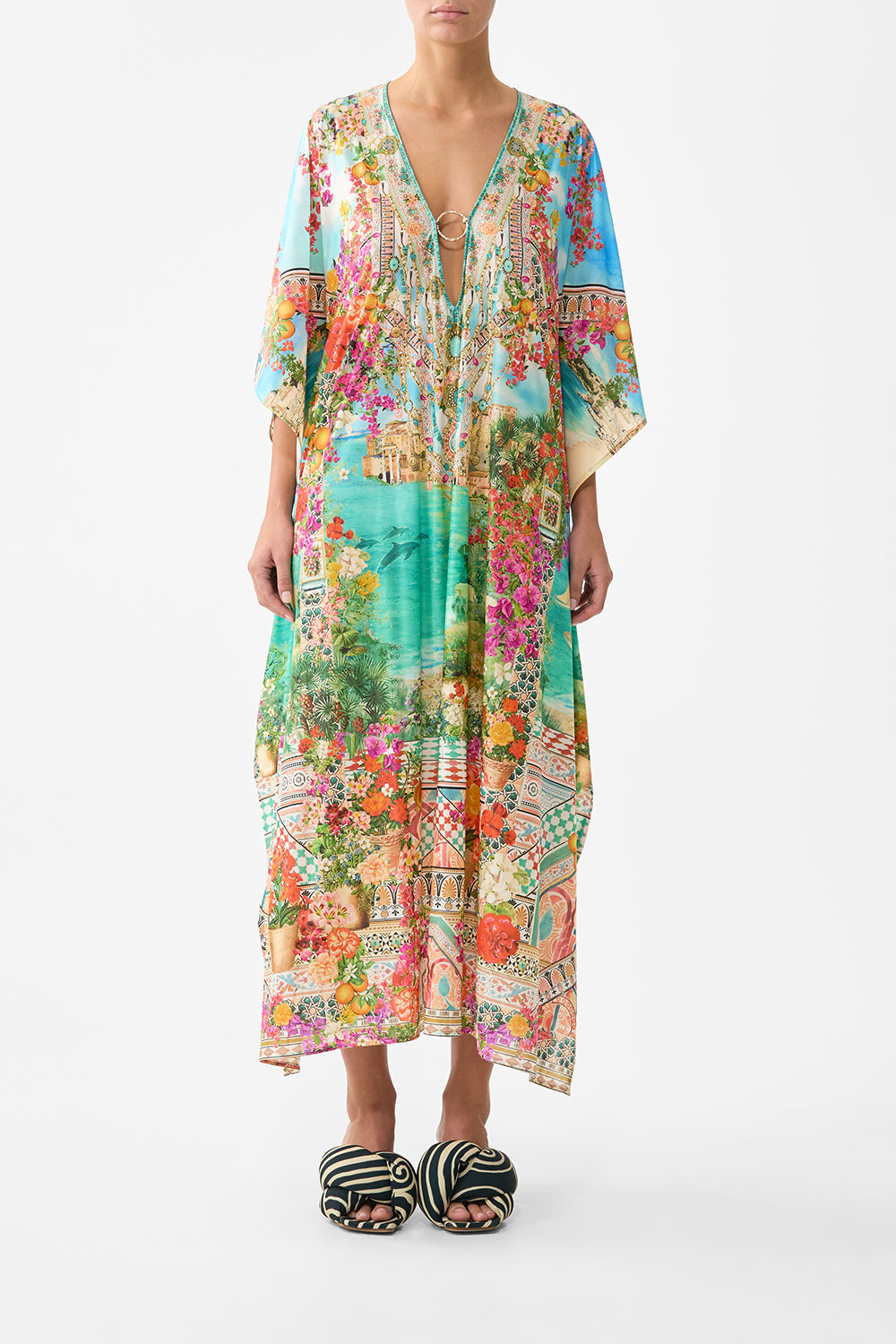 LONG V NECK KAFTAN W RING FRONT TRIM MEET ME IN MALLORCA