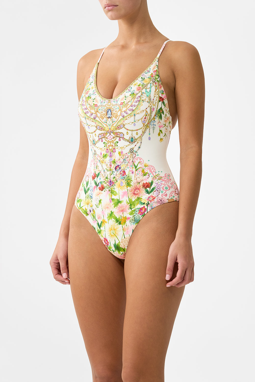 The CAMILLA SHORT WAISTBAND DRESS WITH RUFFLE SLEEVE WILDFLOWER WUNDERLAND in our  print.