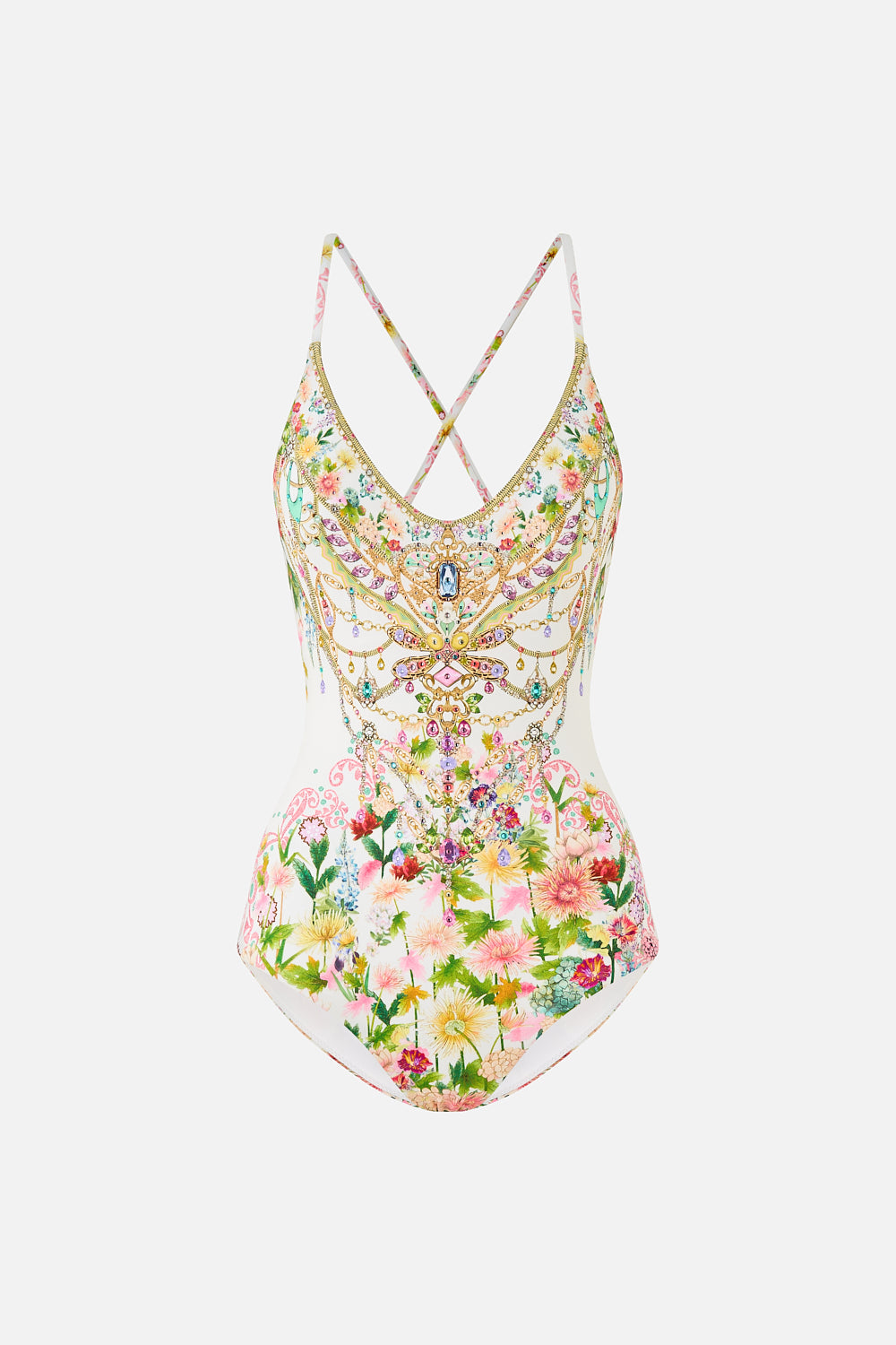 The CAMILLA SHORT WAISTBAND DRESS WITH RUFFLE SLEEVE WILDFLOWER WUNDERLAND in our  print.