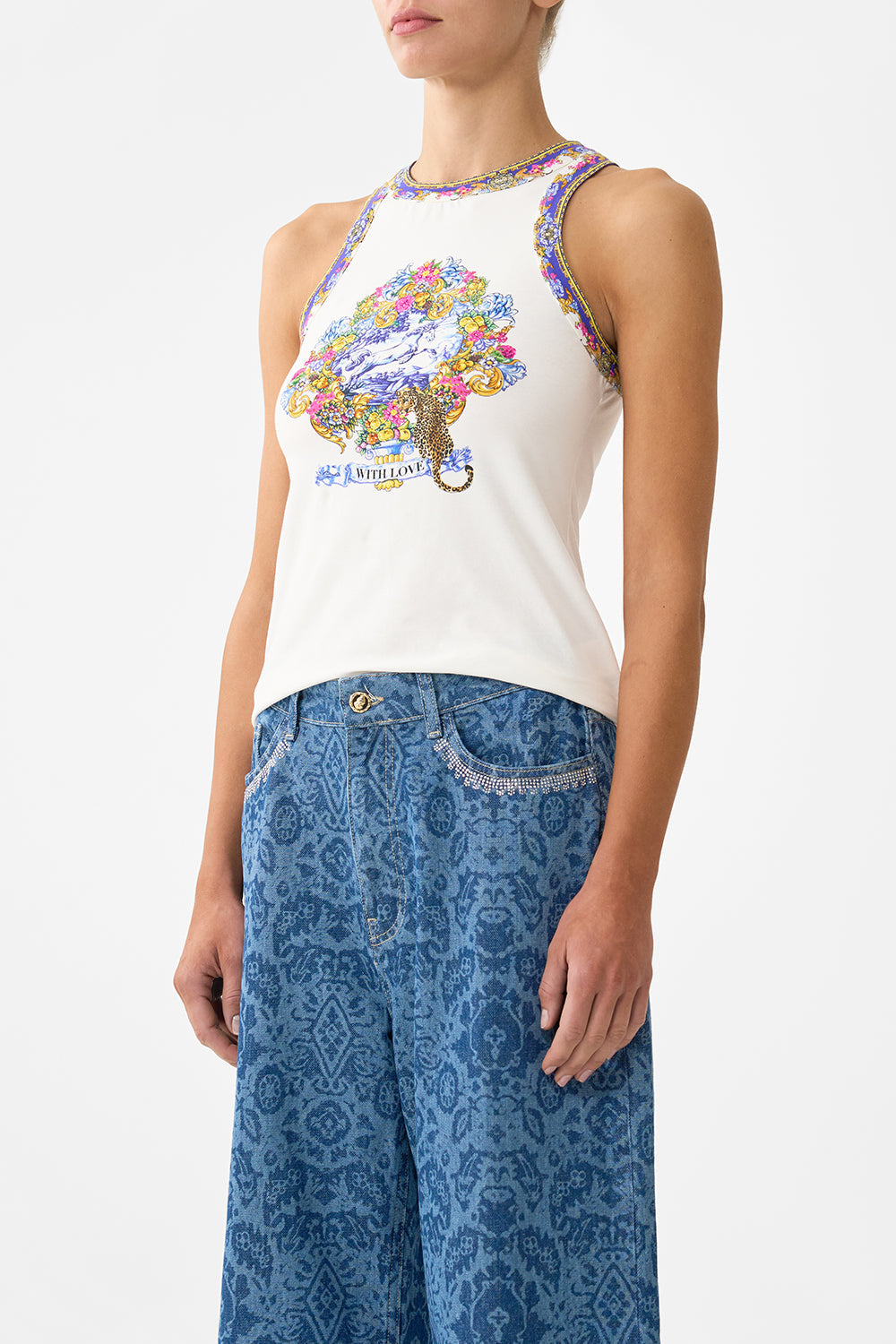 The CAMILLA jersey tank top in our print España Nirvana.