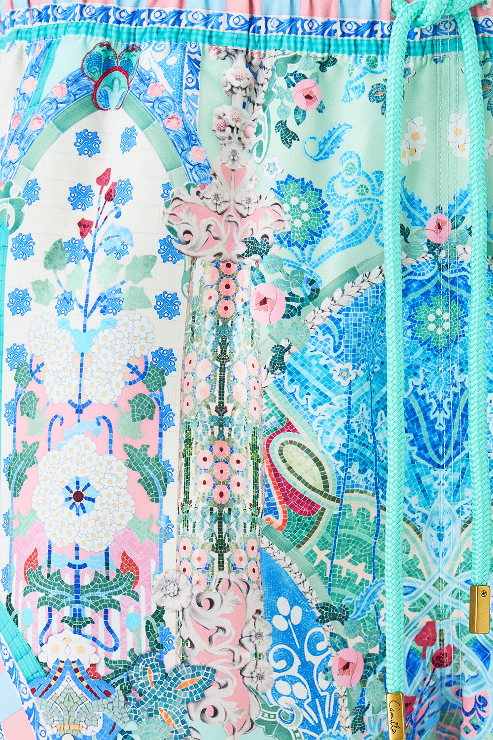 The CAMILLA LONG SLEEVE HIDDEN PLACKET SHIRT CERAMIC PANORAMIC in our  print.