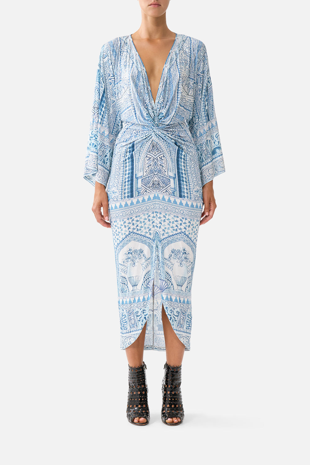The CAMILLA SHAPED WAISTBAND DRESS WITH GATHERED SLEEVES TORERO LIBERTINE in our  print.