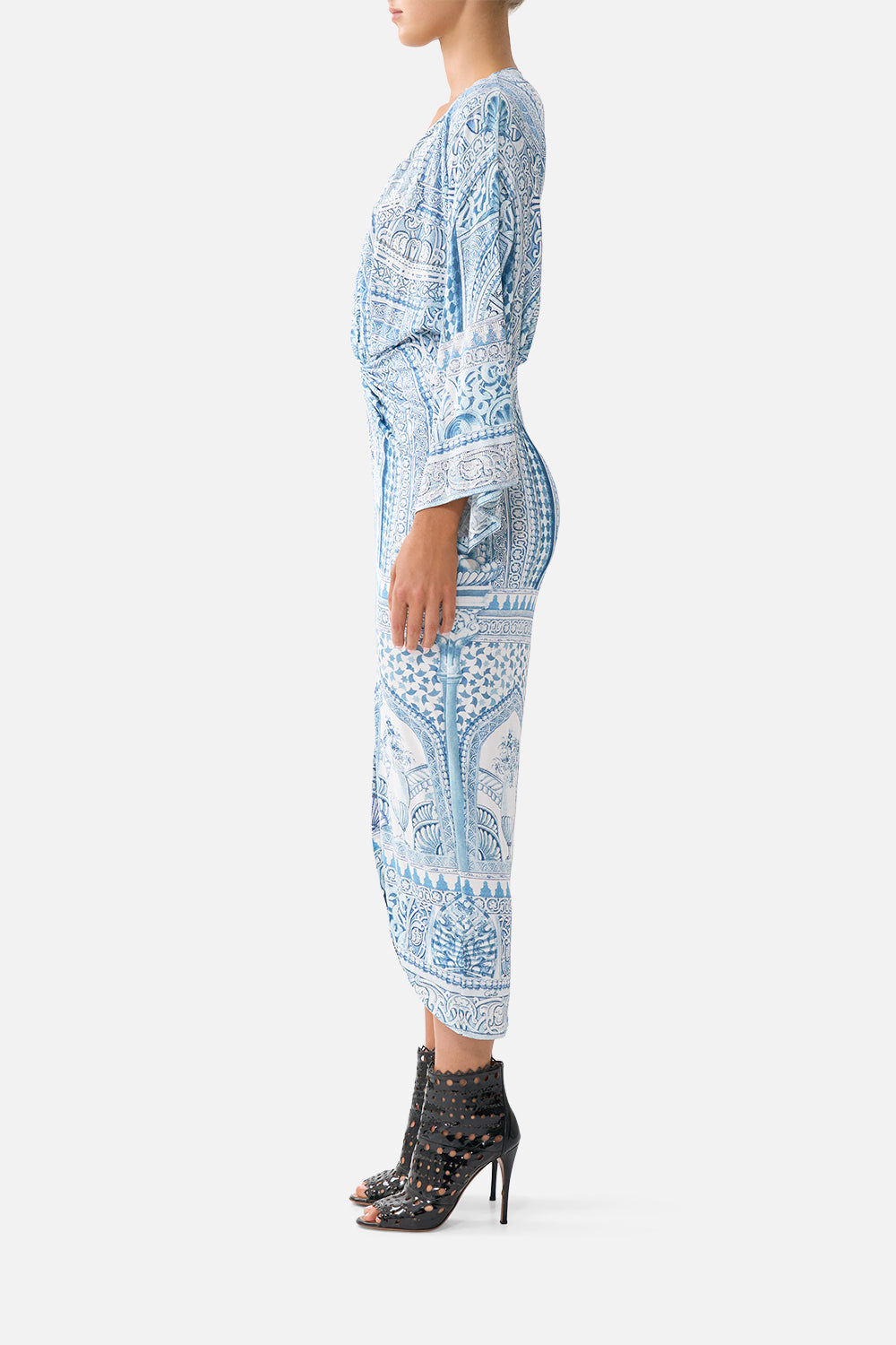The CAMILLA SHORT DROPPED WAIST DRESS WITH BELL SLEEVE HOWDY GAUDI in our  print.