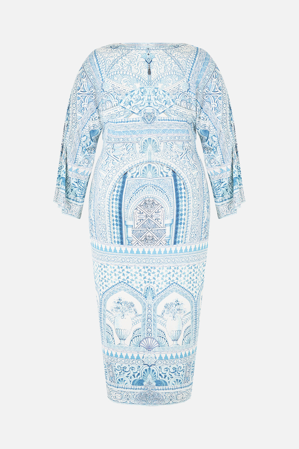 The CAMILLA OFF SHOULDER MIDI DRESS WITH FRILL SLEEVE ESPAÑA NIRVANA in our ESPAÑA NIRVANA print.