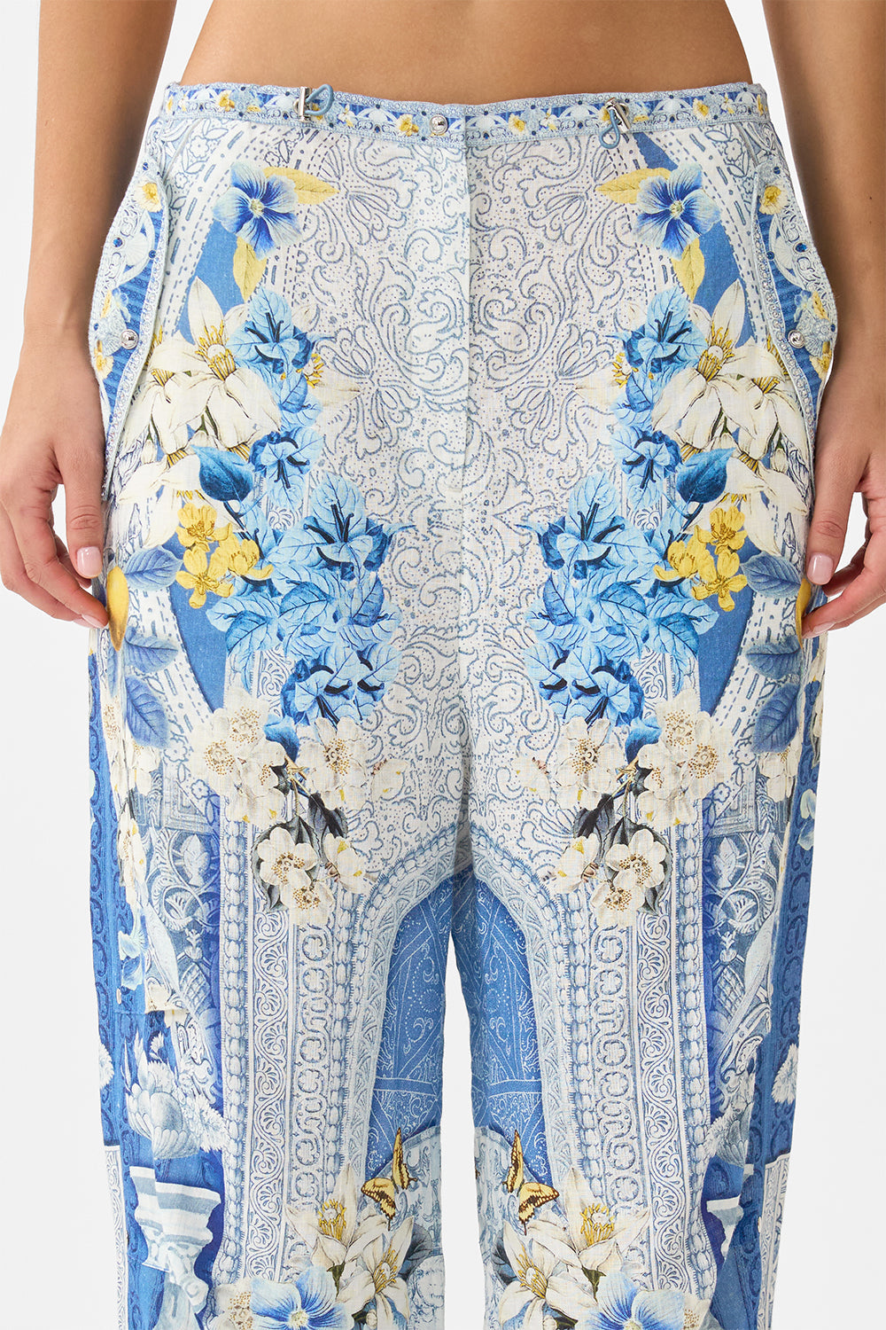 The CAMILLA TAILORED PANT WITH WAIST BUTTON DETAIL FLAMENCO FOLKLORE in our  print.