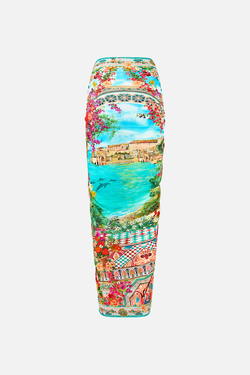 The CAMILLA LARGE CRYSTALLED SILK SQUARE SCARF CERAMIC PANORAMIC in our CERAMIC PANORAMIC print.