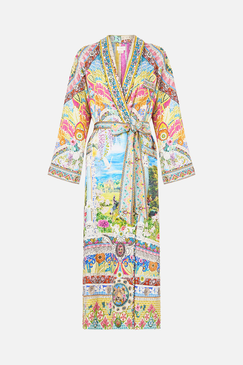 The CAMILLA WAIST TIE SHIRT DRESS WITH BUBBLE SLEEVE I LEFT MY HEART IN GRANADA in our  print.