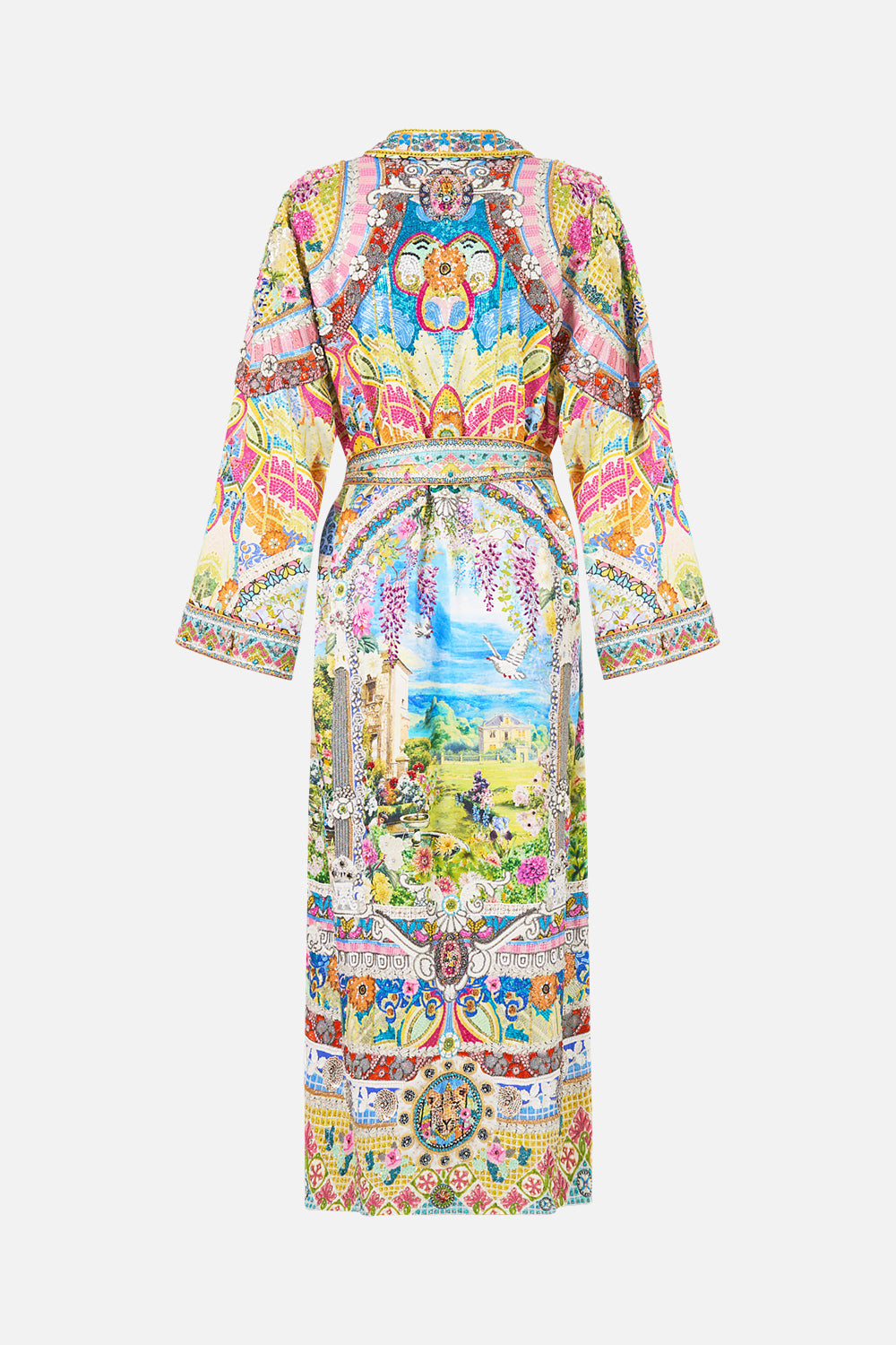 The CAMILLA WAIST TIE SHIRT DRESS WITH BUBBLE SLEEVE I LEFT MY HEART IN GRANADA in our  print.