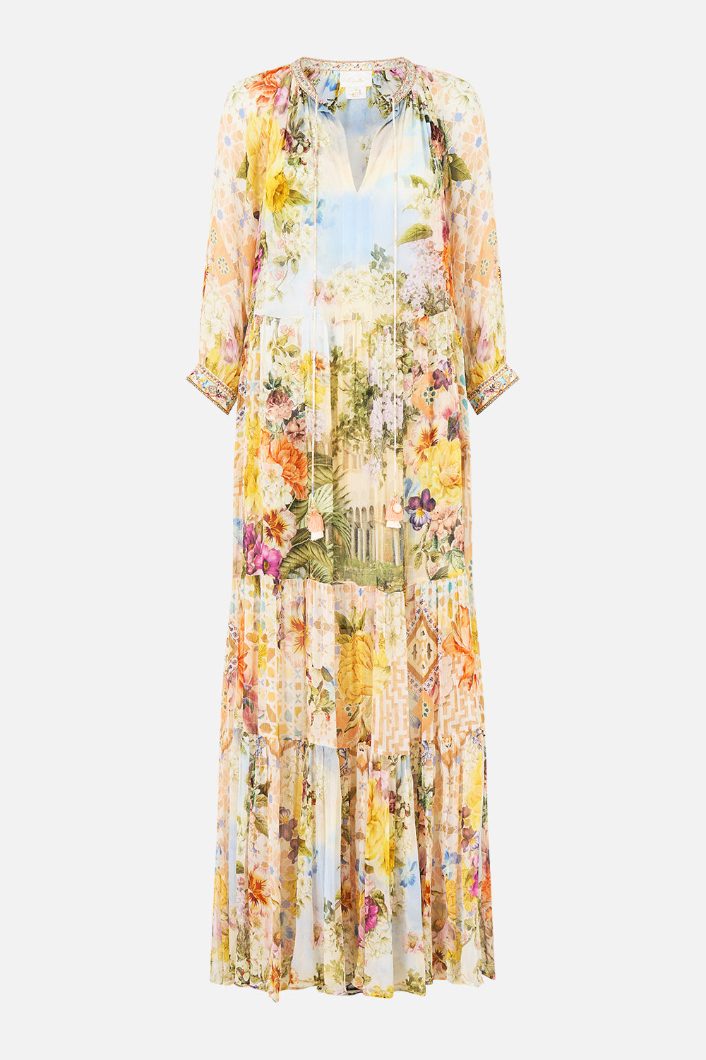 The CAMILLA V NECK FULL LENGTH BIAS SLIP DRESS ADORNED IN ARANJUEZ in our  print.
