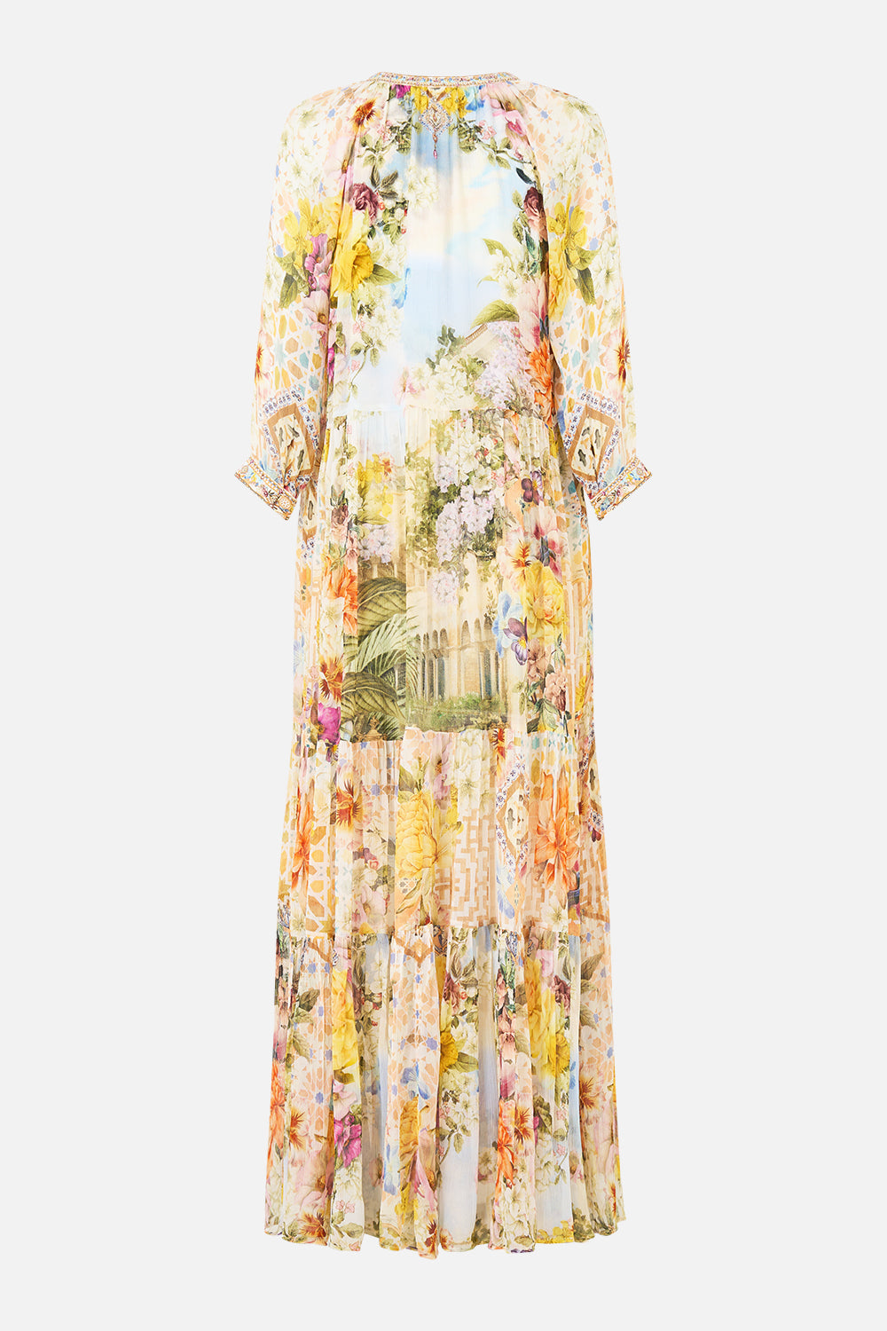 The CAMILLA V NECK FULL LENGTH BIAS SLIP DRESS ADORNED IN ARANJUEZ in our  print.