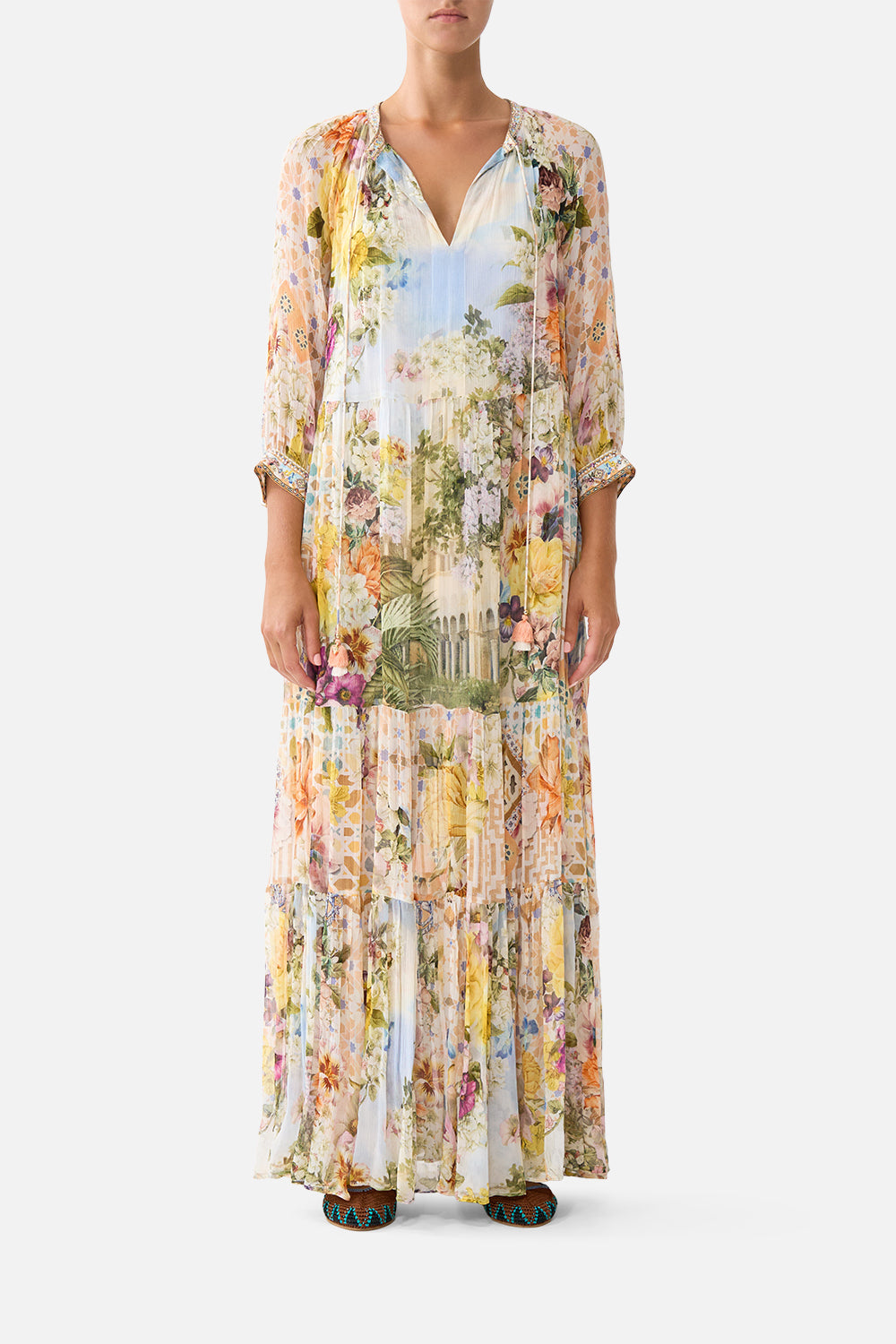The CAMILLA V NECK FULL LENGTH BIAS SLIP DRESS ADORNED IN ARANJUEZ in our  print.