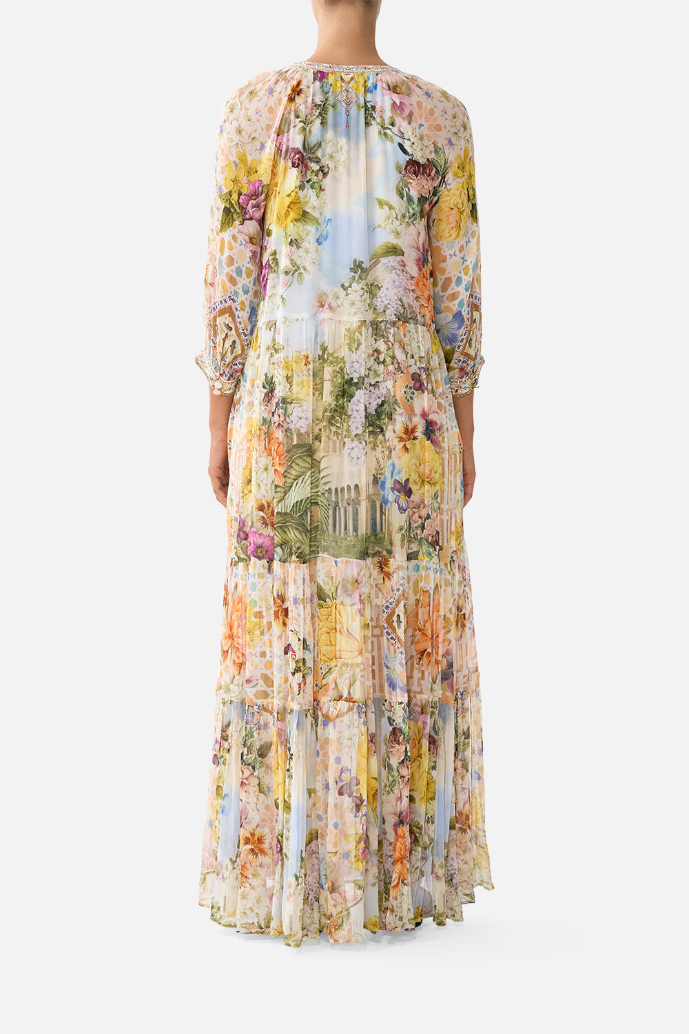 The CAMILLA V NECK FULL LENGTH BIAS SLIP DRESS ADORNED IN ARANJUEZ in our  print.