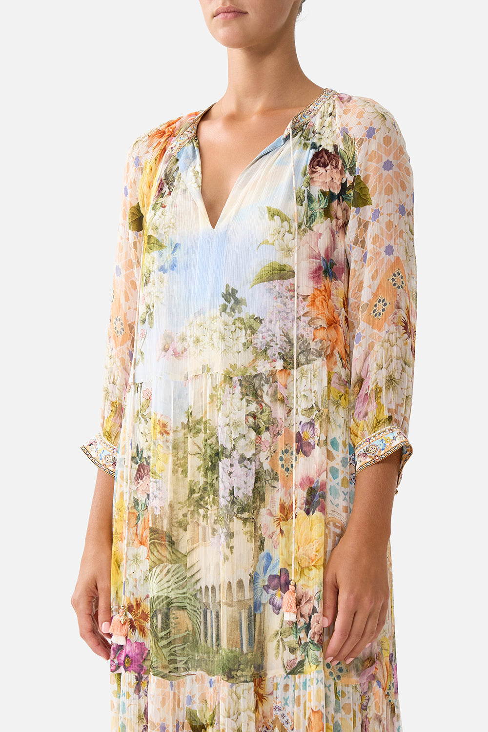 The CAMILLA V NECK FULL LENGTH BIAS SLIP DRESS ADORNED IN ARANJUEZ in our  print.