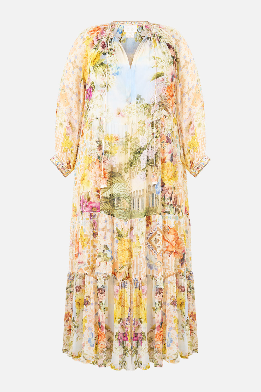 The CAMILLA V NECK FULL LENGTH BIAS SLIP DRESS ADORNED IN ARANJUEZ in our  print.