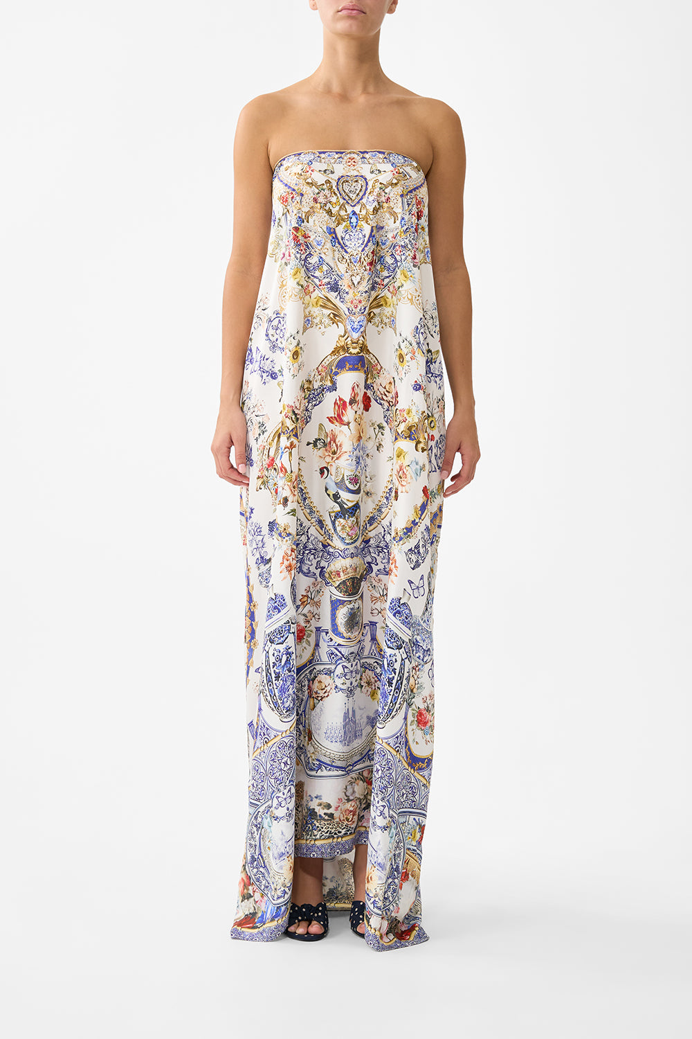 The CAMILLA T SHAPE LONG KAFTAN ADORNED IN ARANJUEZ in our  print.