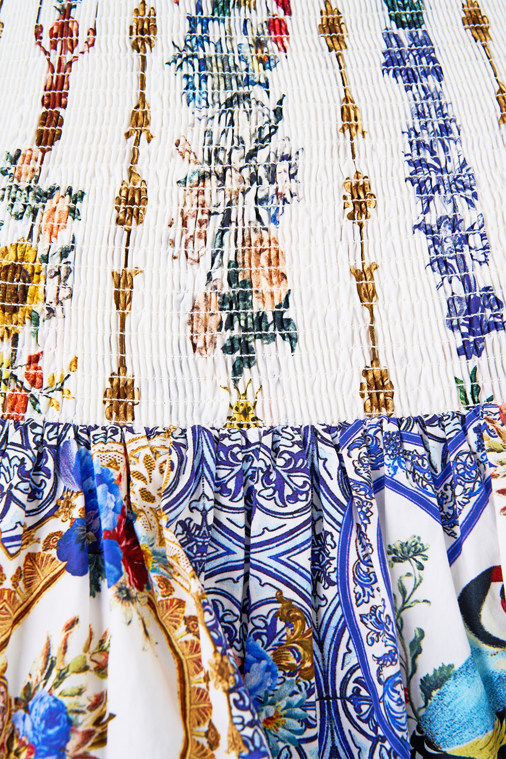 The CAMILLA LONG SARONG WITH GATHERED TAB AND LEG SPLIT THE CALL OF CATALONIA in our  print.
