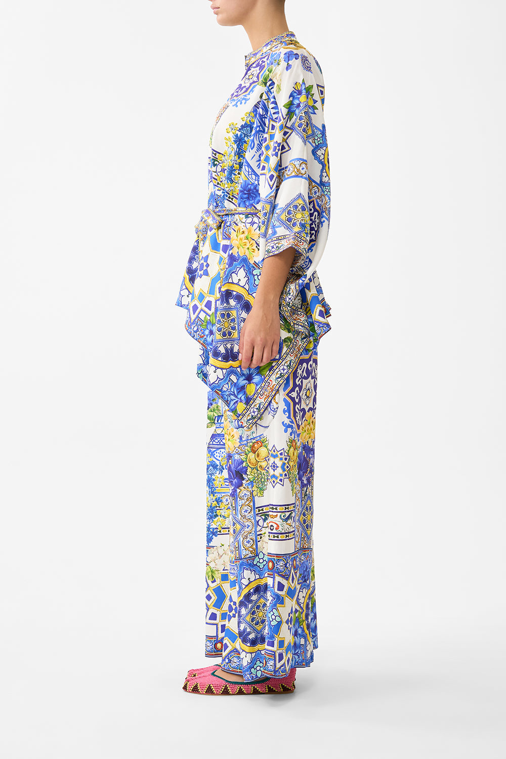The CAMILLA LACE UP V NECK BLOUSE WITH CASCADE RUFFLES SEVILLE SWEETHEART in our  print.