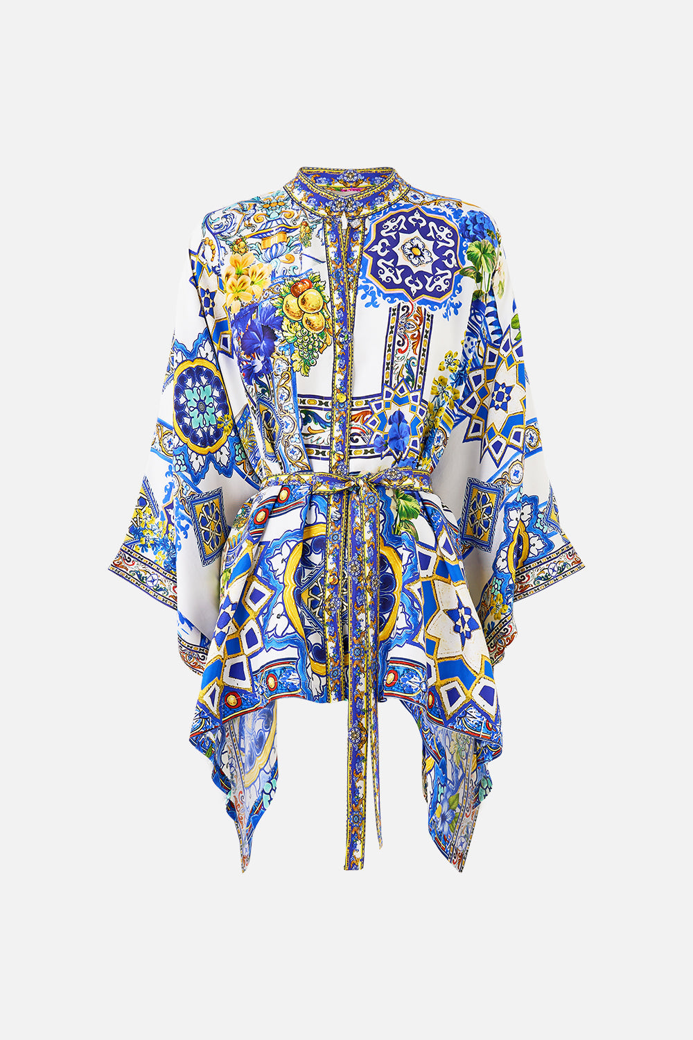 The CAMILLA LACE UP V NECK BLOUSE WITH CASCADE RUFFLES SEVILLE SWEETHEART in our  print.
