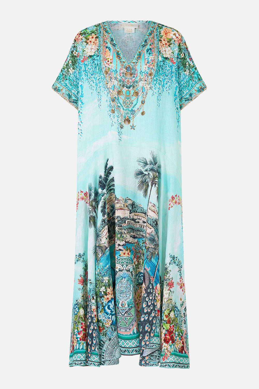 The CAMILLA V NECK DRESS WITH TWIST FRONT DETAIL MATADORA FLORA in our  print.
